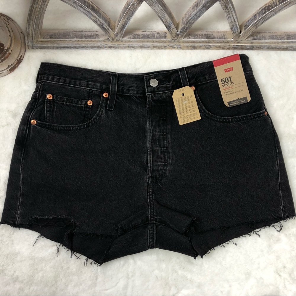 Levi’s 501 High Rise Jean shorts distressed raw hem button fly SZ 31 Black NWT